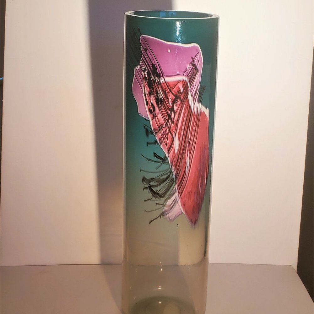 Beautiful hand blown teal and pink abstract vase